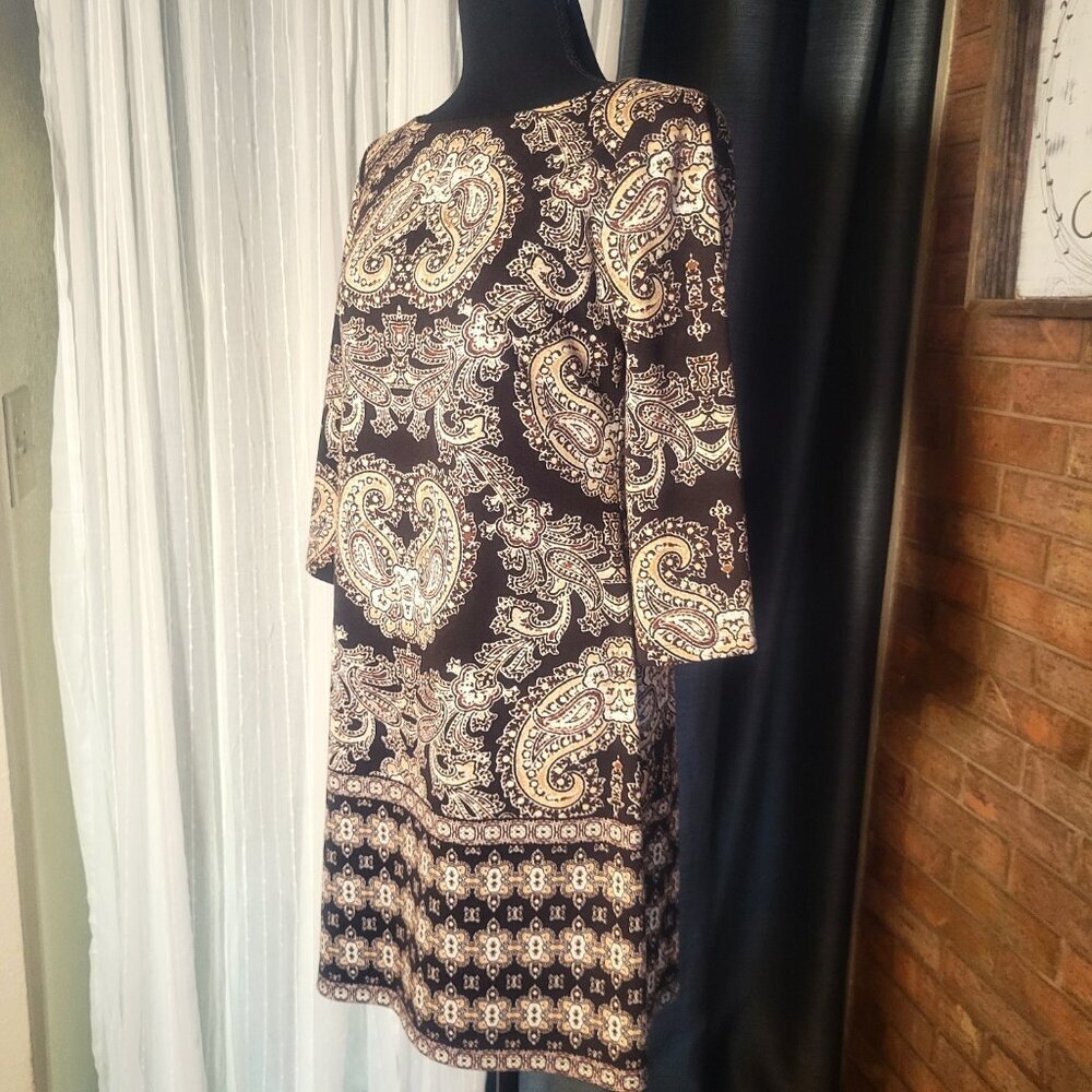 WISP Women's 70s Retro Style Deep Brown/Cream Designed Dress - Size 4 - Picture 2 of 11